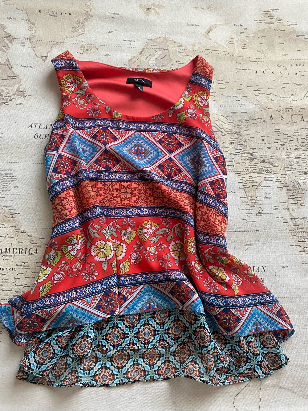 BCX Red Floral & Geometric Sleeveless Peplum Camisole